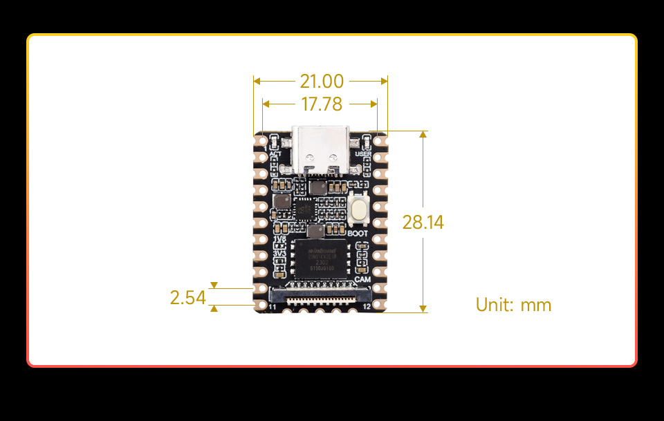 Official shared Mini A/B dimension diagram showing 21.00 mm width, 28.14 mm height, 17.78 mm pin-row spacing and 2.54 mm pin pitch